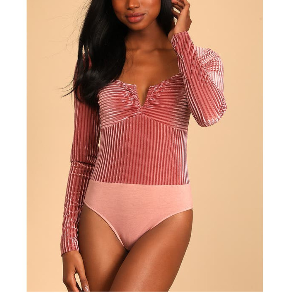 LULU'S S Rose Ready To Go Out Striped Long Sleeve Square Neck Bodysuit NEW b68